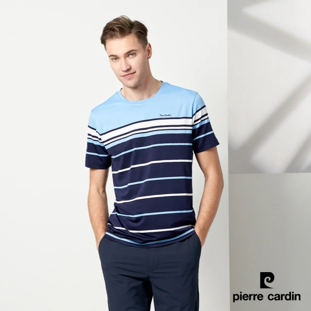 pierre cardin 皮爾卡登 商務休閒 男款 橫條圓領短袖上衣-丈青色(5237280-38)