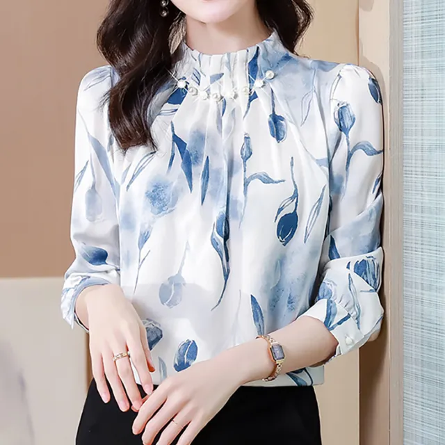 【麗質達人】1650雪紡印花小立領上衣AA(M-4XL)