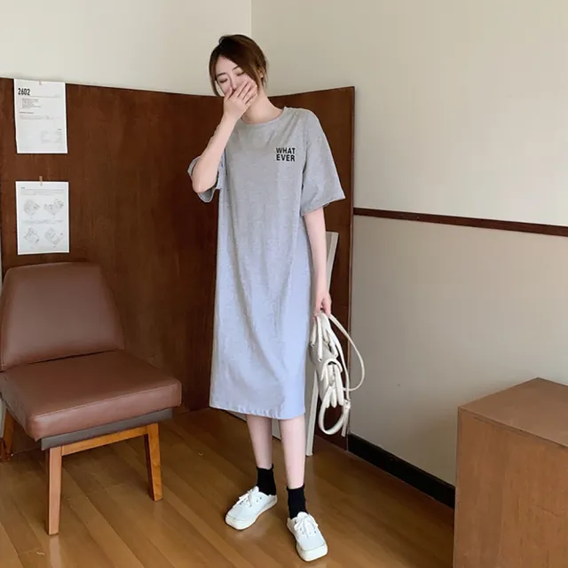 【HanVo】現貨 WHAT EVER棉質長洋裝(韓版休閒寬鬆藏肉修身顯瘦連衣裙 女生衣著 A06-3641)
