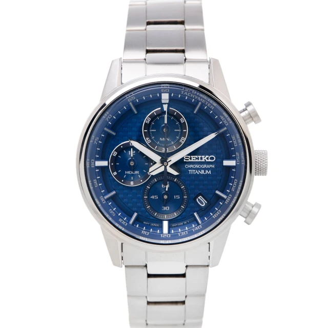 【SEIKO 精工】編織格紋設計三眼計時鈦金屬材質錶帶手錶-藍色面X銀色-41mm(SSB387P1)