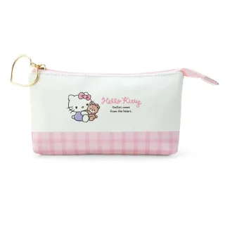 【小禮堂】Hello Kitty 皮質三角雙層筆袋 - 米粉格子抱熊款(平輸品)