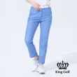 【KING GOLF】網路獨賣款-女款LOGO刺繡撞色腰頭舒適修身小千鳥格休閒長褲(藍色)