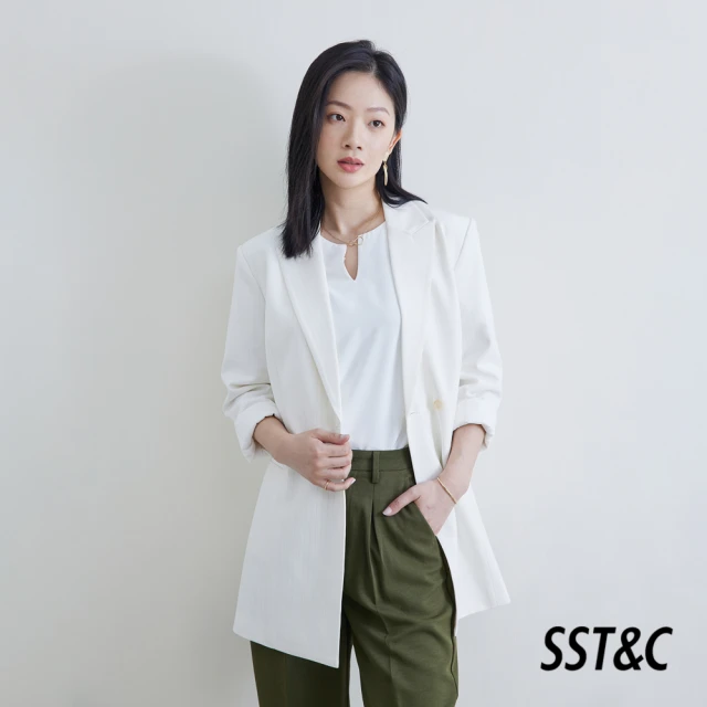 SST&C 精選限定 白色條紋綁帶休閒長版西裝外套8162009001(CM)