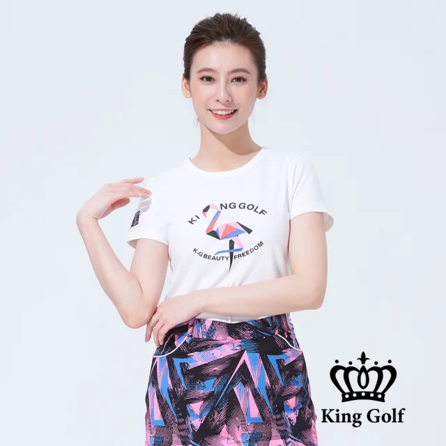 【KING GOLF】速達-網路獨賣款-女款趣味火鶴印圖造型上衣(白色)