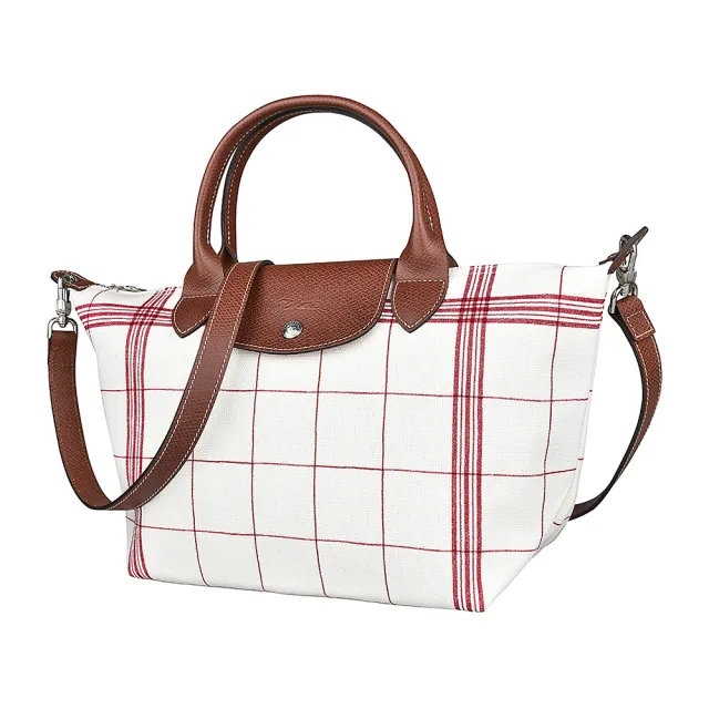 【LONGCHAMP】LONGCHAMP LE PLIAGE TORCHON壓印LOGO格紋設計棉布短把拉鍊斜背包(白x紅)