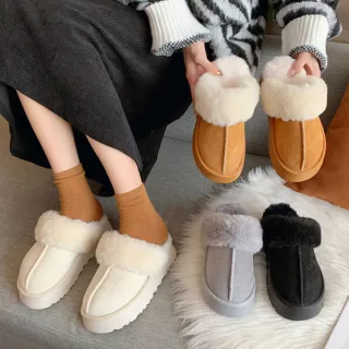 【baibeauty 白鳥麗子】舒適素面麂皮毛毛厚底拖鞋(雪鞋)