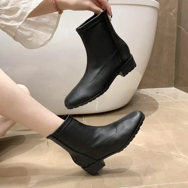 【baibeauty 白鳥麗子】MIT顯瘦素面皮革後拉鍊低跟襪靴(方頭短靴)