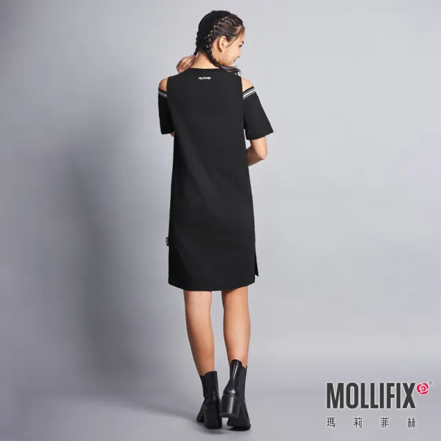 【Mollifix 瑪莉菲絲】挖肩修身長版連身裙(黑)