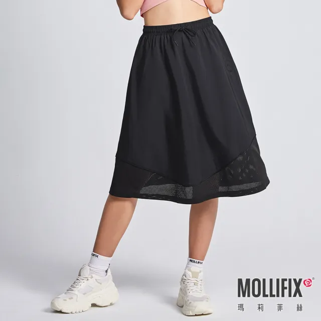 【Mollifix 瑪莉菲絲】下擺拚網透氣優雅長裙、瑜珈服、長裙(黑)