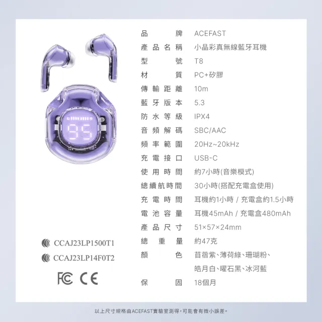 【ACEFAST】Crystal T8 小晶彩真無線藍牙耳機(音樂/電競模式)