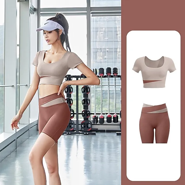 【米蘭精品】現貨+預購 瑜珈服套裝短袖運動服運動上衣瑜伽褲運動內衣(防震透氣拼色五分褲休閒服6色74ek17)