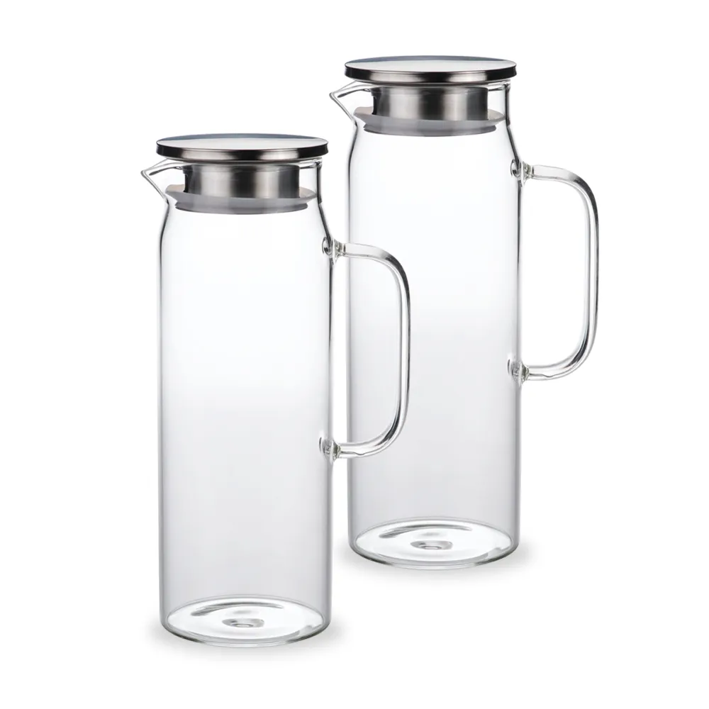 【Caldo 卡朵生活】直筒不鏽鋼蓋耐冷熱玻璃水壺1.4L(2入組)