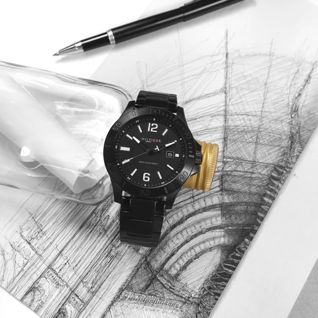 【Tommy Hilfiger】大刻度 運動風 休閒都會 礦石強化玻璃 日期 不鏽鋼手錶 鍍黑 46mm(1791996)