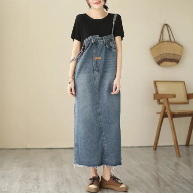 【巴黎精品】現貨+預購 吊帶裙牛仔長裙大碼A字裙中長洋裝休閒女裝(丹寧大碼韓版設計感寬鬆女裙子a1bg3)