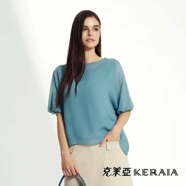 【KERAIA 克萊亞】夢幻藍調泡泡袖絲質上衣