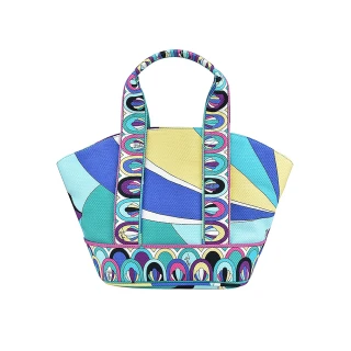 【Pucci】藝術彩色風格帆布扇形手提包(藍)