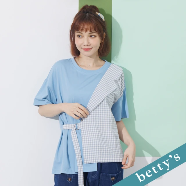 betty’s 貝蒂思 格紋拼接綁帶寬版上衣(藍色)