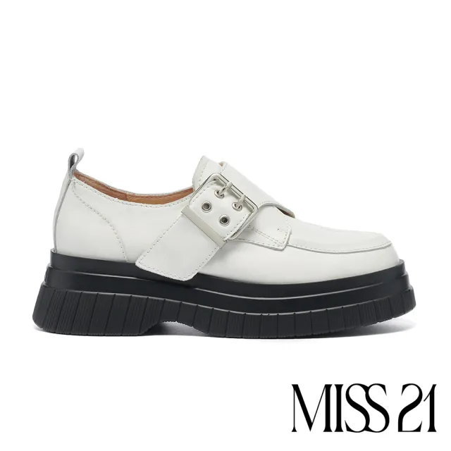 【MISS 21】跩跩極簡風銀色大方釦全真皮大頭厚底鞋(白)