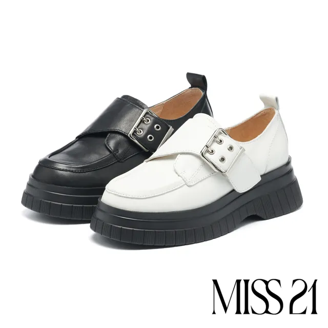【MISS 21】跩跩極簡風銀色大方釦全真皮大頭厚底鞋(白)