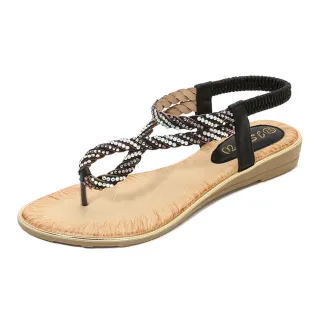 【QUEENA】坡跟涼鞋 夾腳涼鞋/波西米亞民族風美鑽編織繞繩設計夾腳坡跟涼鞋(黑)