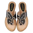 【QUEENA】坡跟拖鞋 夾腳拖鞋/波西米亞民族風水鑽珍珠蝴蝶造型夾腳坡跟拖鞋(黑)