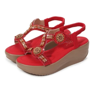 【QUEENA】坡跟涼鞋 厚底涼鞋/波西米亞民族風復古花朵串珠線條坡跟厚底涼鞋(紅)