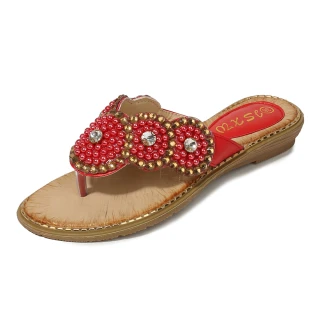 【QUEENA】坡跟拖鞋 人字拖鞋/波西米亞民族風圓盤串珠人字坡跟夾腳拖鞋(紅)