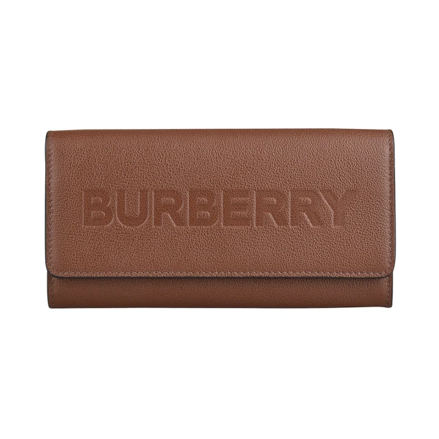 BURBERRY 巴寶莉 BURBERRY鋼印LOGO小牛皮12卡壓釦式翻蓋長夾(棕)