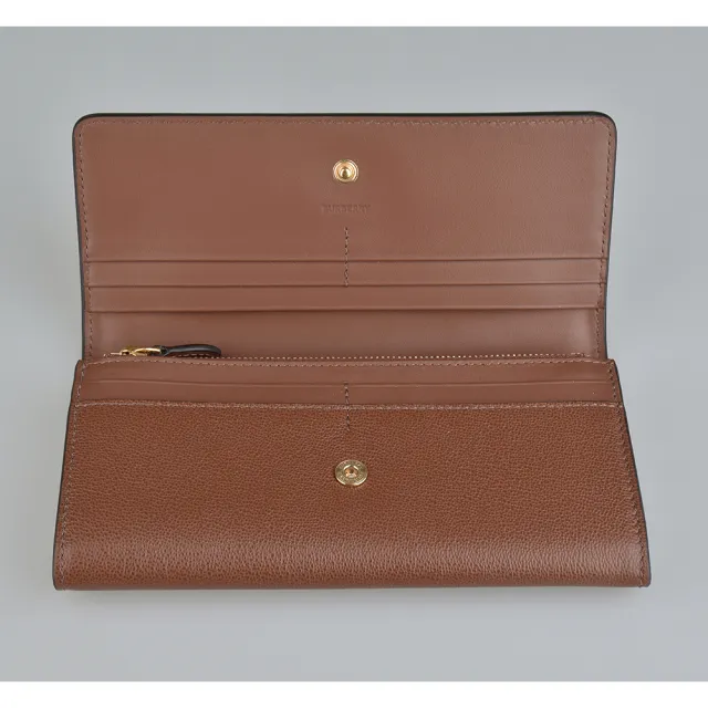 【BURBERRY 巴寶莉】BURBERRY鋼印LOGO小牛皮12卡壓釦式翻蓋長夾(棕)