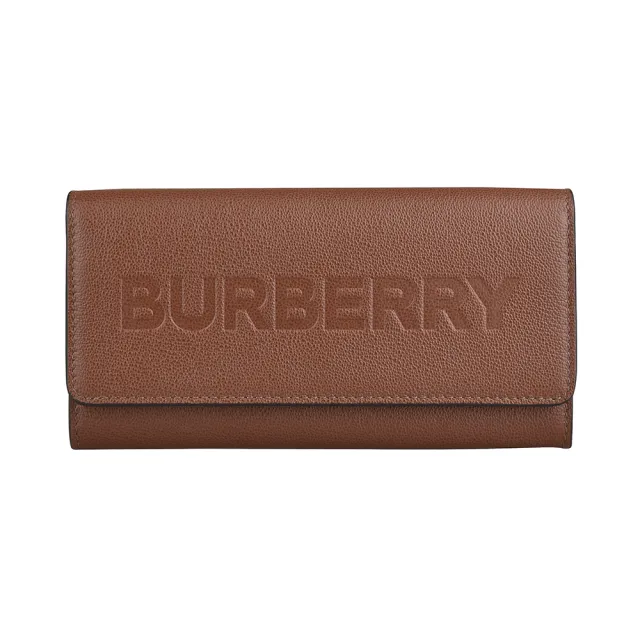 【BURBERRY 巴寶莉】BURBERRY鋼印LOGO小牛皮12卡壓釦式翻蓋長夾(棕)