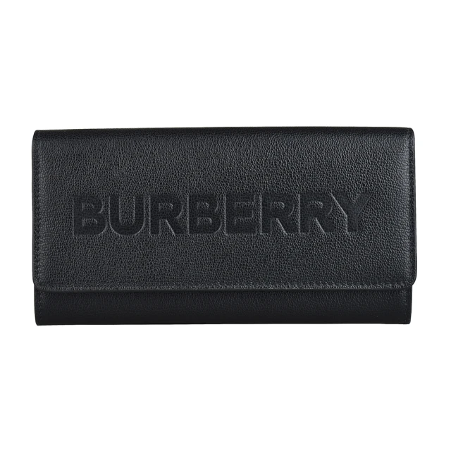 BURBERRY 巴寶莉 BURBERRY鋼印LOGO小牛皮12卡壓釦式翻蓋長夾(黑)