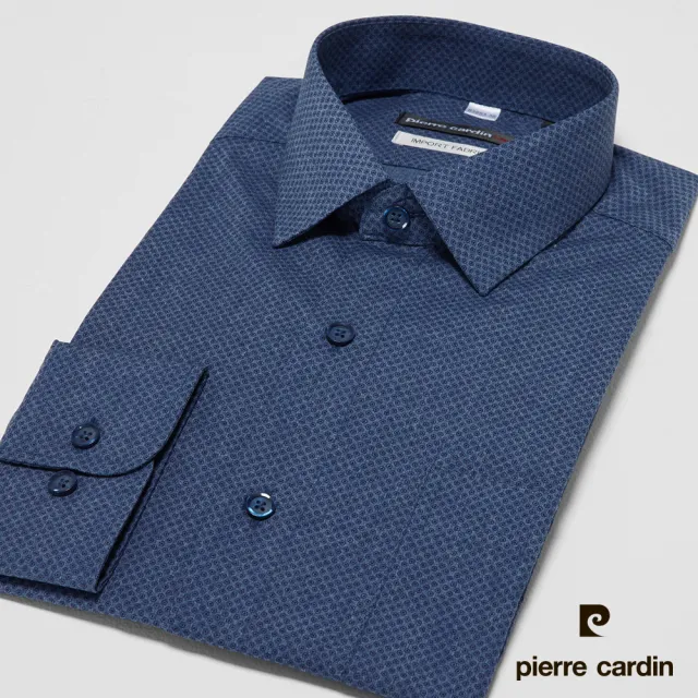 【pierre cardin 皮爾卡登】男襯衫 進口素材合身版防皺印花長袖襯衫_深藍底藍點(83853-36)