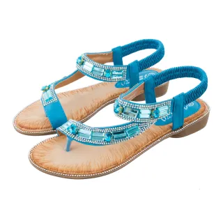 【QUEENA】坡跟涼鞋 美鑽涼鞋/波西米亞民族風華麗方晶美鑽線條造型坡跟涼鞋(藍)