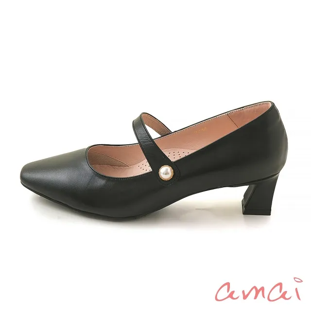 【amai】真皮珍珠小方頭粗跟鞋 中跟鞋 尖頭跟鞋 瑪麗珍 瑪莉珍 真皮 時尚 大尺碼 J12-68BK(黑色)