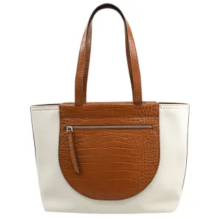 【TOD’S】TODS 撞色小牛皮帆布拼接肩背大獨特個性包托特包(米棕)