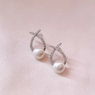 【Elegant 珍愛宣言】快樂魚兒天然珍珠純銀微鑲耳環(鋯石鑽交叉線條珍珠耳環)