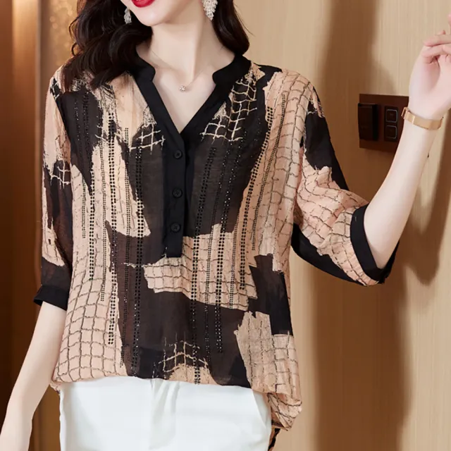 【麗質達人】7203印花五分袖上衣-AA(L-3XL)