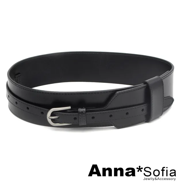 【AnnaSofia】二層牛皮真皮腰帶皮帶腰封-中央縮釦細帶 現貨(黑系)