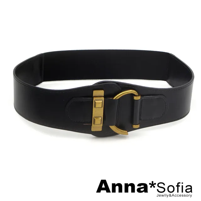 【AnnaSofia】二層牛皮彈性寬腰帶腰封皮帶-方鉚釘黃銅勾扣(黑系)
