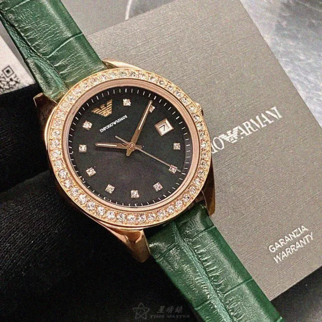 【EMPORIO ARMANI】ARMANI阿曼尼女錶型號AR00027(墨綠色錶面玫瑰金錶殼綠色真皮皮革錶帶款)