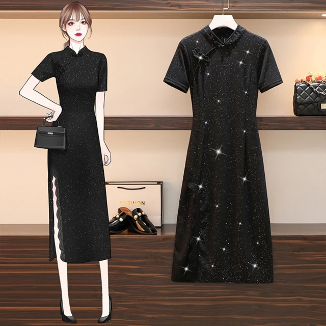 【KVOLL】玩美衣櫃黑色閃亮開衩優雅旗袍洋裝L-4XL