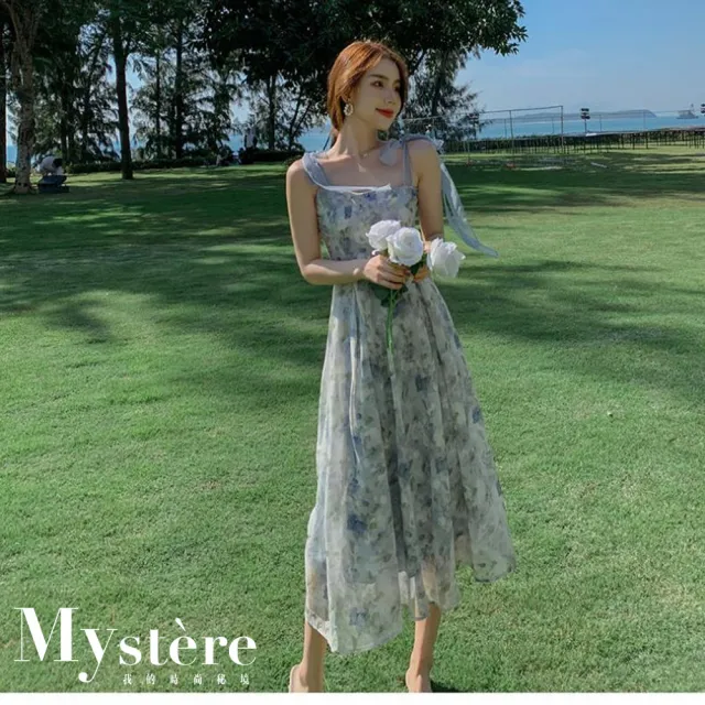 【my stere 我的時尚秘境】現貨必搶-春夏新款-法式雪紡油畫風飄逸綁帶連身長裙(雪紡飄逸柔