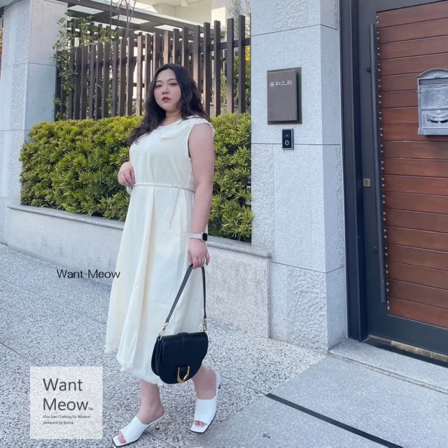 【Want-Meow】80公斤可穿/韓系質感無袖毛呢荷葉洋裝(大碼洋裝/大尺碼/韓系歐膩穿搭)