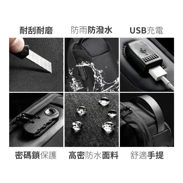 【bebehome】防盜密碼鎖USB充電防潑水透氣多功能單肩包(側背包 斜背包 時尚胸包)