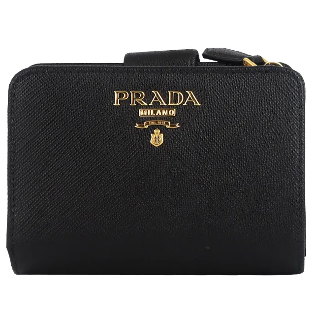 【PRADA 普拉達】品牌標誌斜紋皮革翻蓋押扣短夾(黑色/5卡)