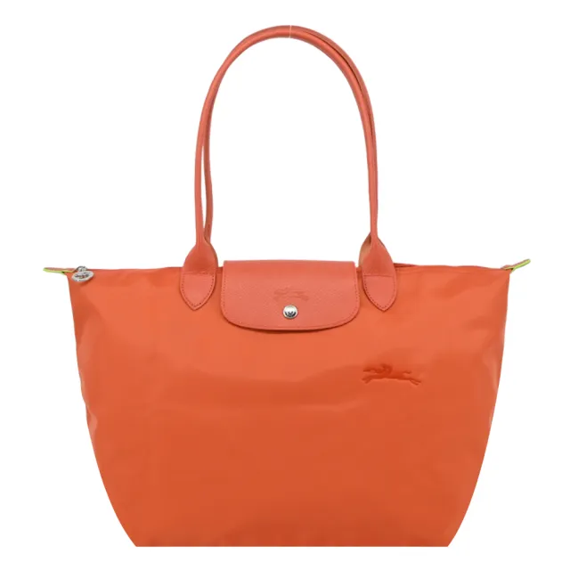 【LONGCHAMP】LE PLIAGE GREEN系列刺繡長把再生尼龍摺疊水餃包(大/胡蘿蔔橘)