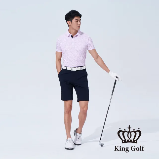 【KING GOLF】速達-網路獨賣款-男款V字三角幾何印圖開襟POLO衫/高爾夫球(粉色)