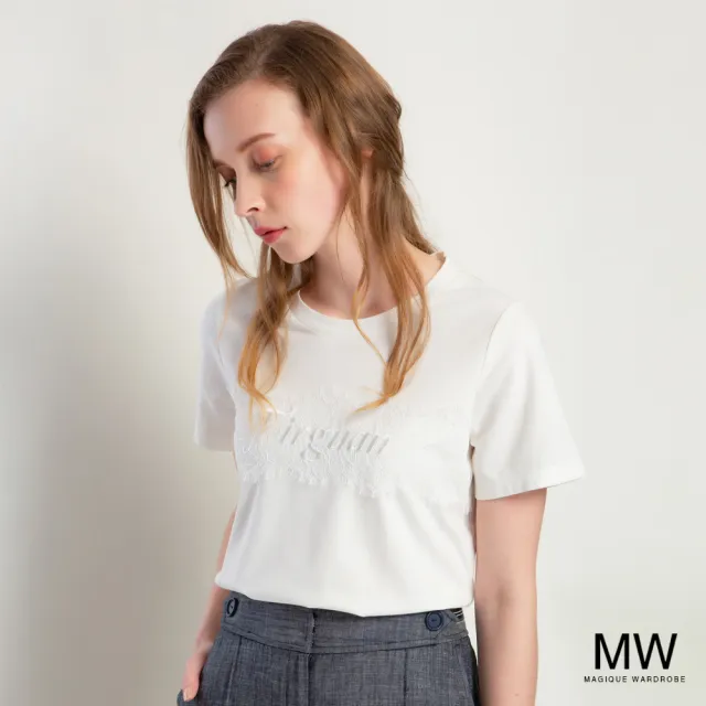 【MAGIQUE WARDROBE】英文刺繡蕾絲短袖上衣(2色)