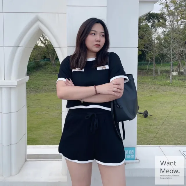 【Want-Meow】90公斤可穿/質感兩扣韓系短褲套裝(兩件組短褲套裝/顯瘦/大碼/大尺碼/大碼套裝)