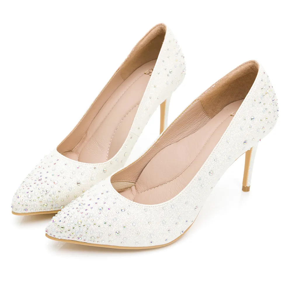 【GDC】水鑽金蔥絕美尖頭新娘婚鞋高跟鞋-白色(227203-11)